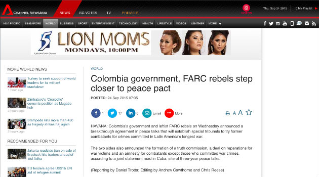 "Gobierno de Colombia y FARC, un paso más cerca del acuerdo de paz": Channel NewAsia
