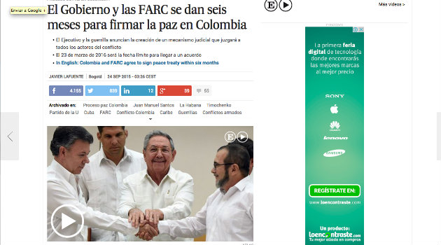 "El Gobierno y las FARC se dan seis meses para firmar la paz en Colombia": El País, España