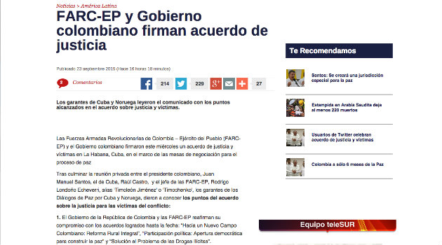 "FARC-EP y Gobierno colombiano firman acuerdo de justicia": TeleSur 