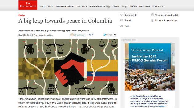 "Un gran salto hacia la paz en Colombia", resalta el diario The Economist
