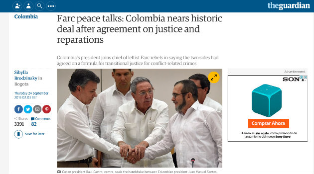 "Farc conversaciones de paz: Colombia se acerca a un acuerdo histórico previo sobre justicia y reparación". The Guardina