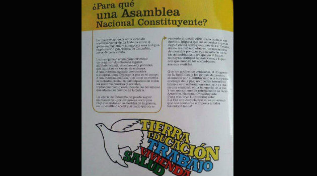 Con este panfleto entregado en Conejo, las Farc comenzaron su campaña buscar apoyo para una Asamble Nacional Constituyente. Foto: CORTESÍA